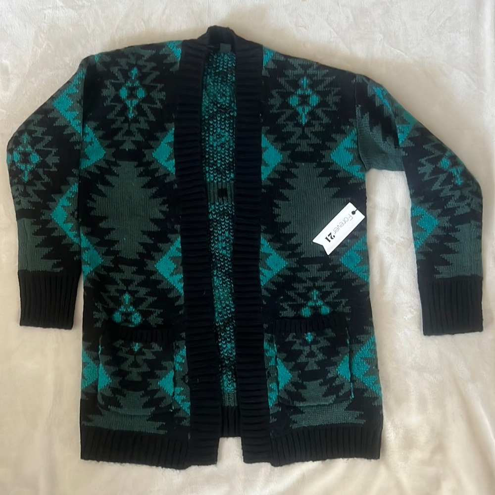 Forever 21 cardigan, black/green/jade, size small